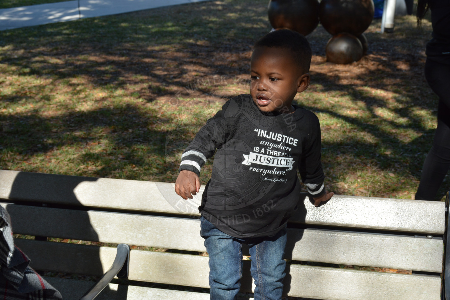 Young boy leaning on a park bench