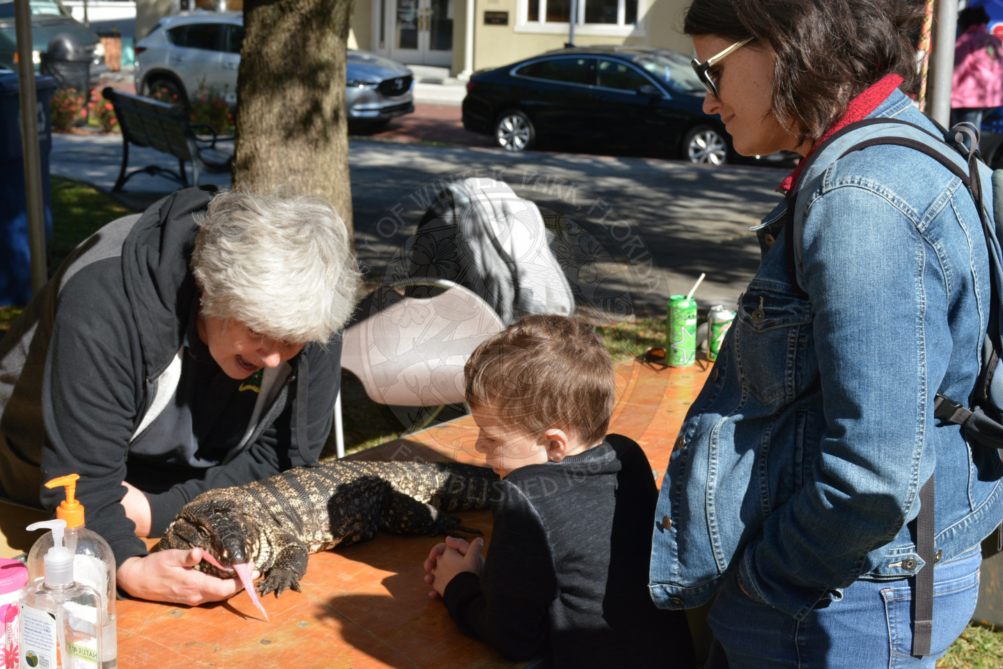 Adult female and a young boy looking at a large reptile while a female adult holds on to the slithery critter