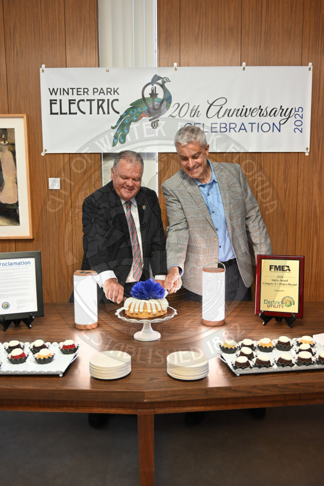 two men cuting a bundt cake.