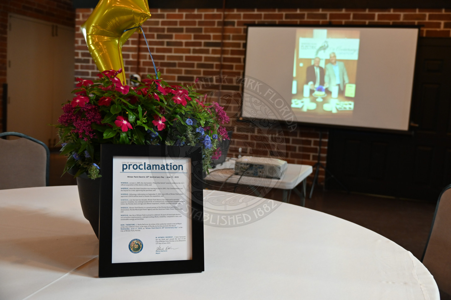 Electric Utility proclamation in a frame next to a plant in the middle of a table with a screen in the back.