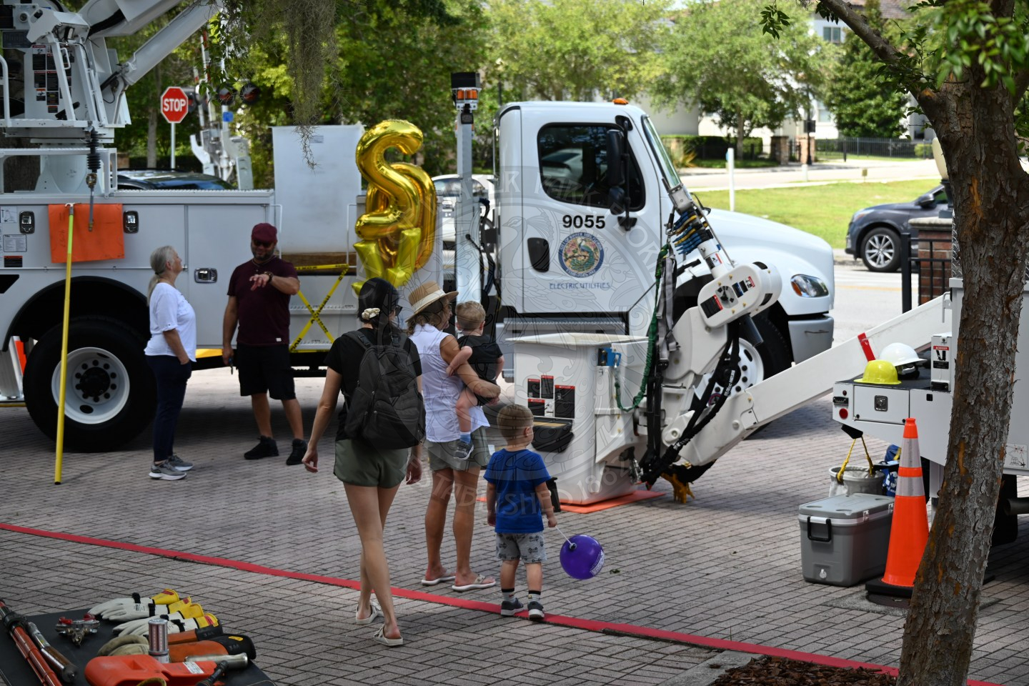 people walking around the Electric Utility vehicles looking at them.