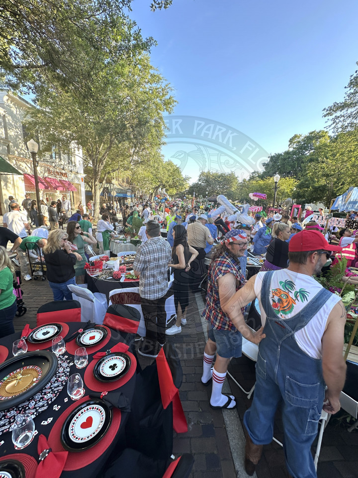 overivew of Park Avenue with a bunch of people and tbales decorated to the theme of there table. 