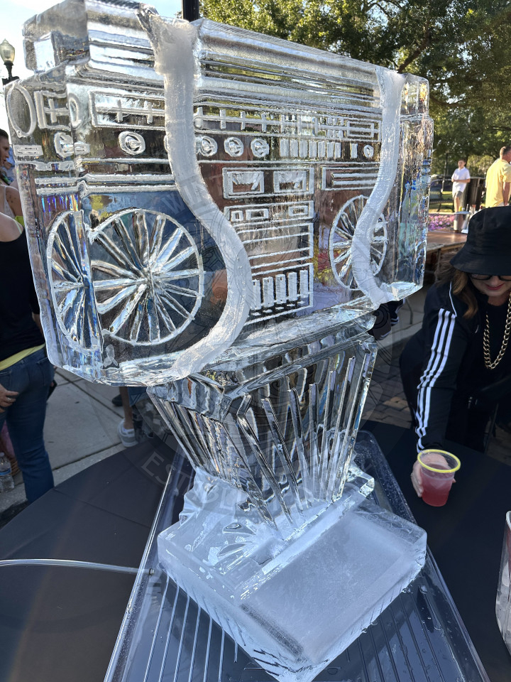 a giant carved boombox ice sculpture.