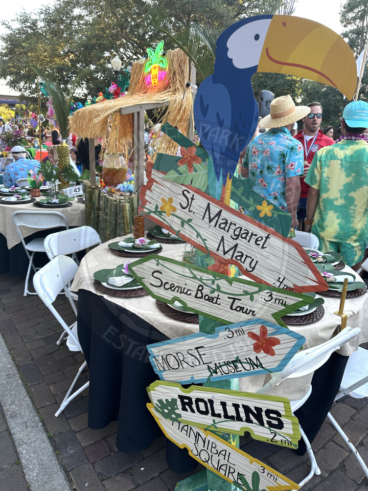a tiki decorated two tables that have signs pointing to business/organizations located around Park Avenue.