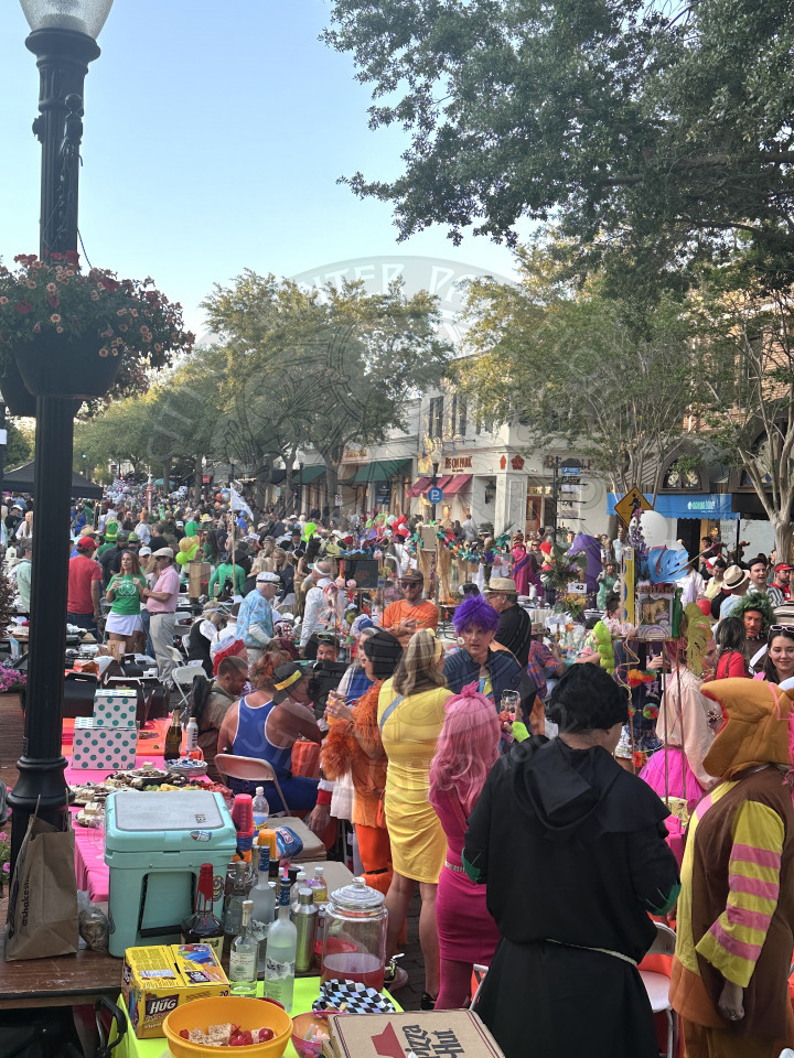 overivew of Park Avenue with a bunch of people and tbales decorated to the theme of there table. 