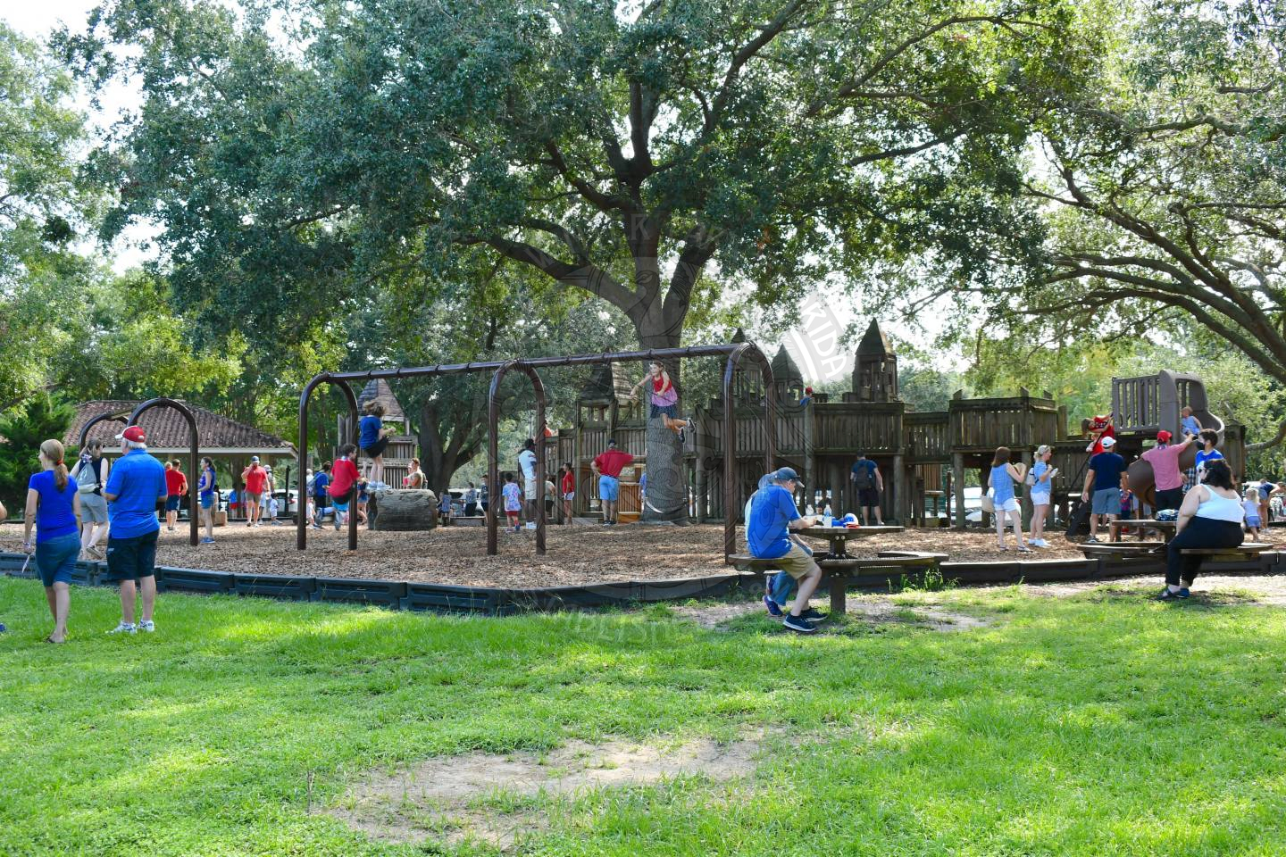 Kids playing on the playground at Martin Luther King, Jr. park while adults are watching them.