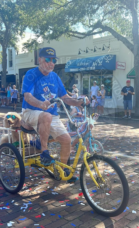 older genetleman riding a bike with a seat in the back that his poodle is riding in while wearing sunglasses.