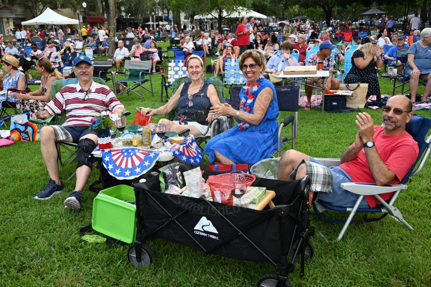 Four adults sit on lawn chairs at a picnic in a park, surrounded by food, drinks, and other people.