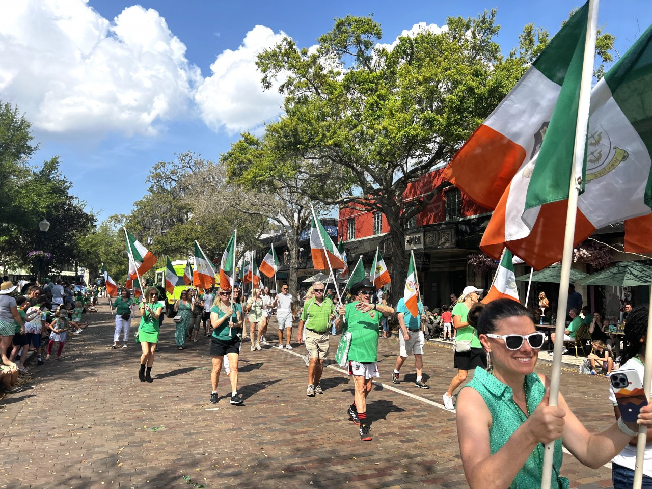Group of people holding the Ireland flag walking down Park Avenue in the parade