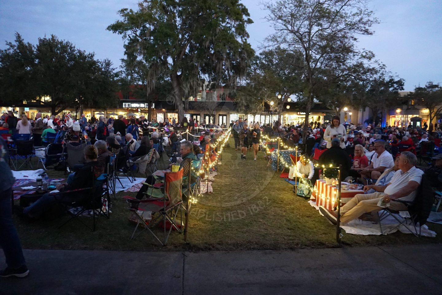a pathway in the park with roped lights to go through the park and different sections of the crowd.