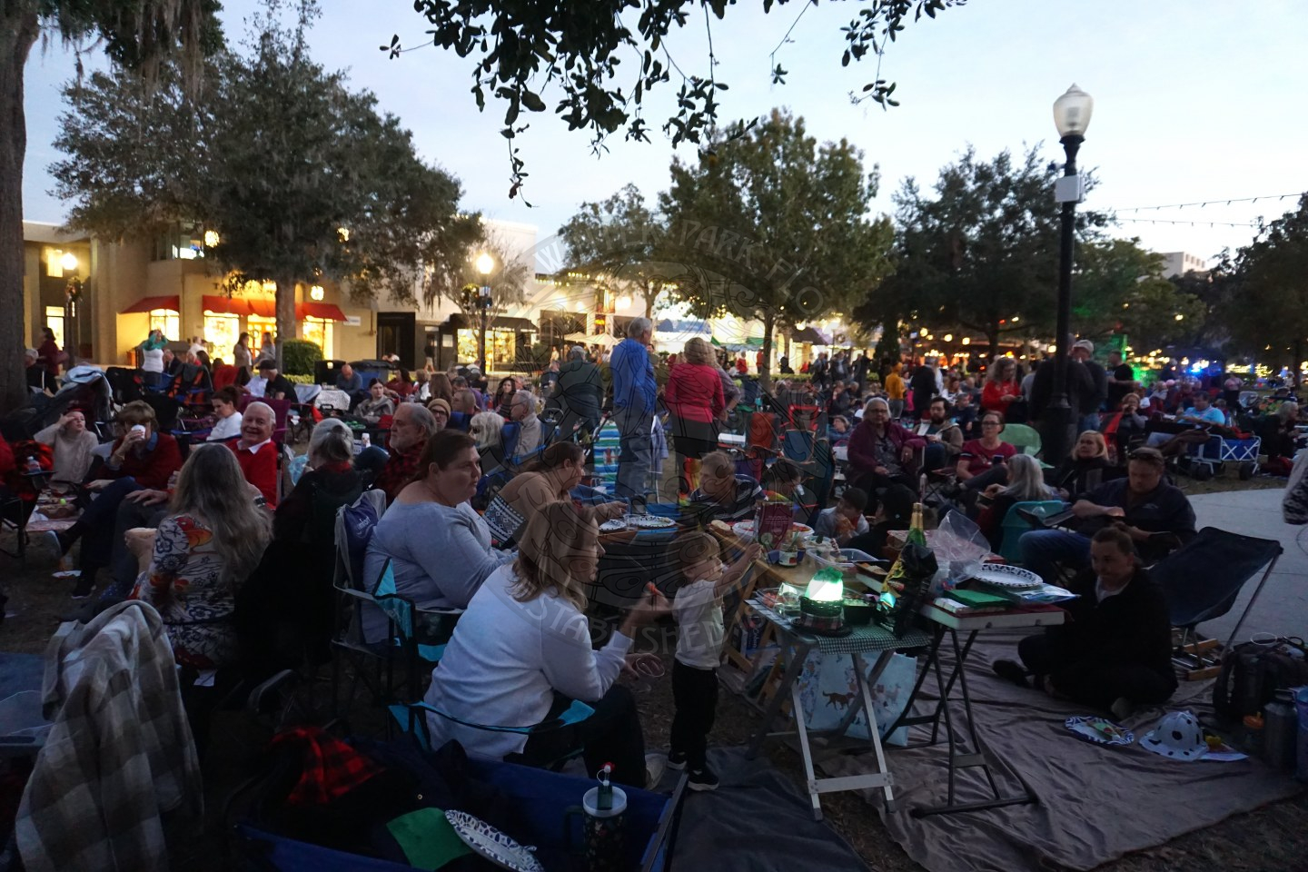 a family sitting at a table eating their dinner  with other families and people sitting around them in the park.