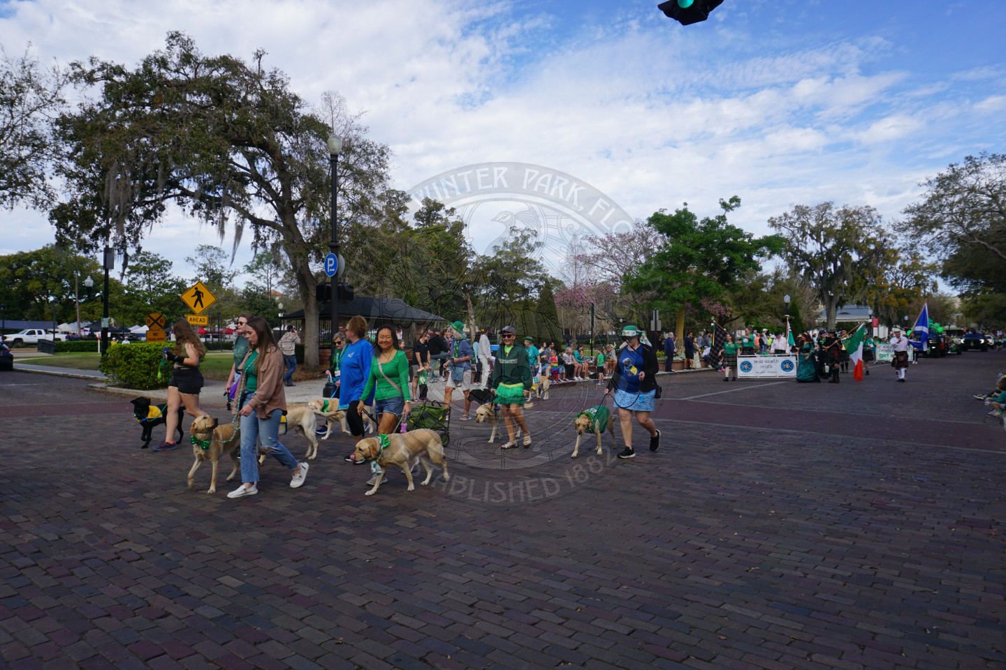 a group of people walking dogs on a brick street.