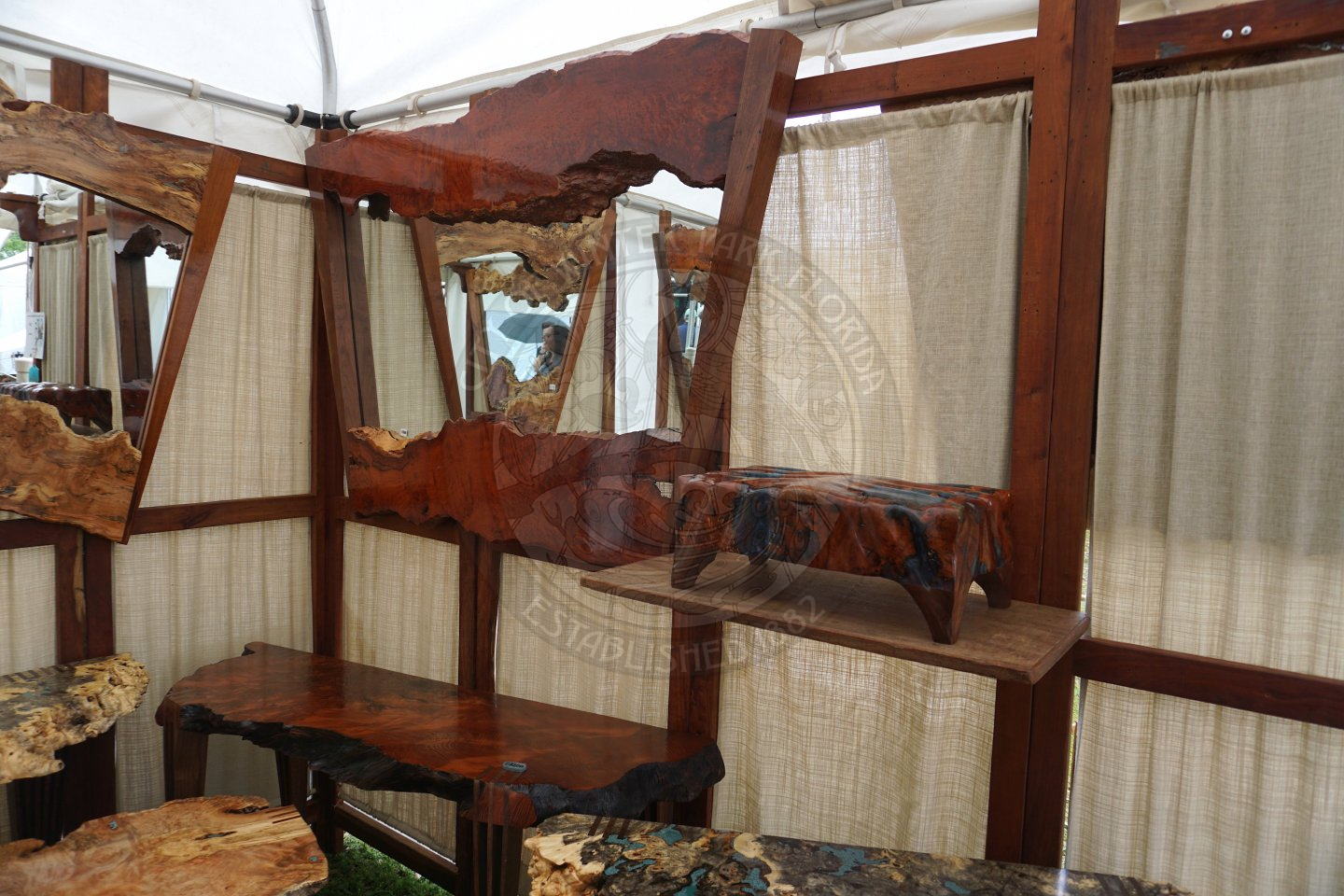 wooden art chest box, tables, and a wooden mirror