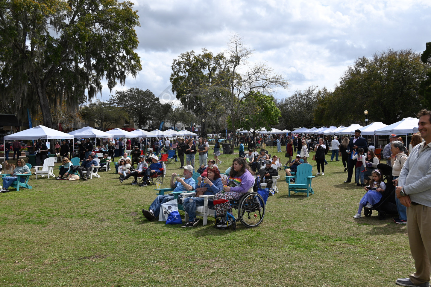 in a grass area people are sitting in chairs, standing and walking around browsing the tents along the sides of the grass.