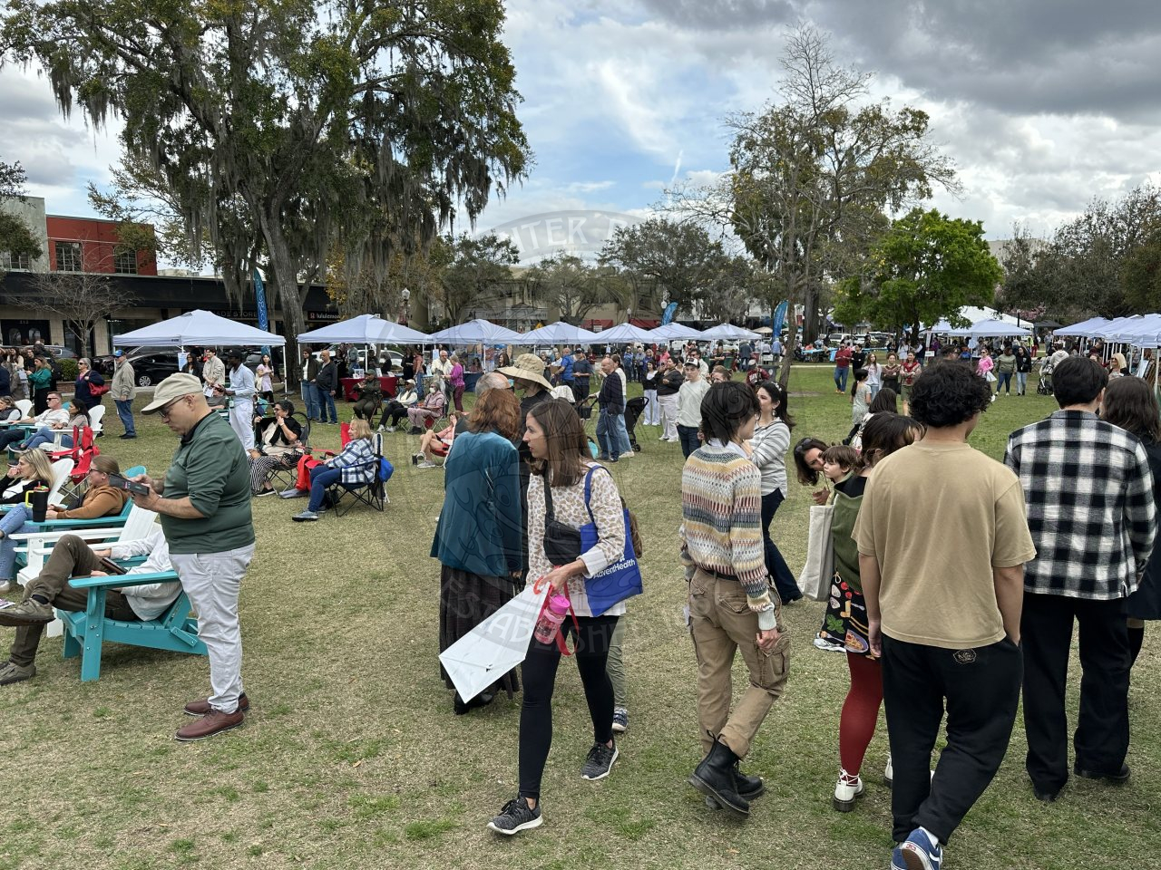 in a grass area people are sitting in chairs, standing and walking around browsing the tents along the sides of the grass.