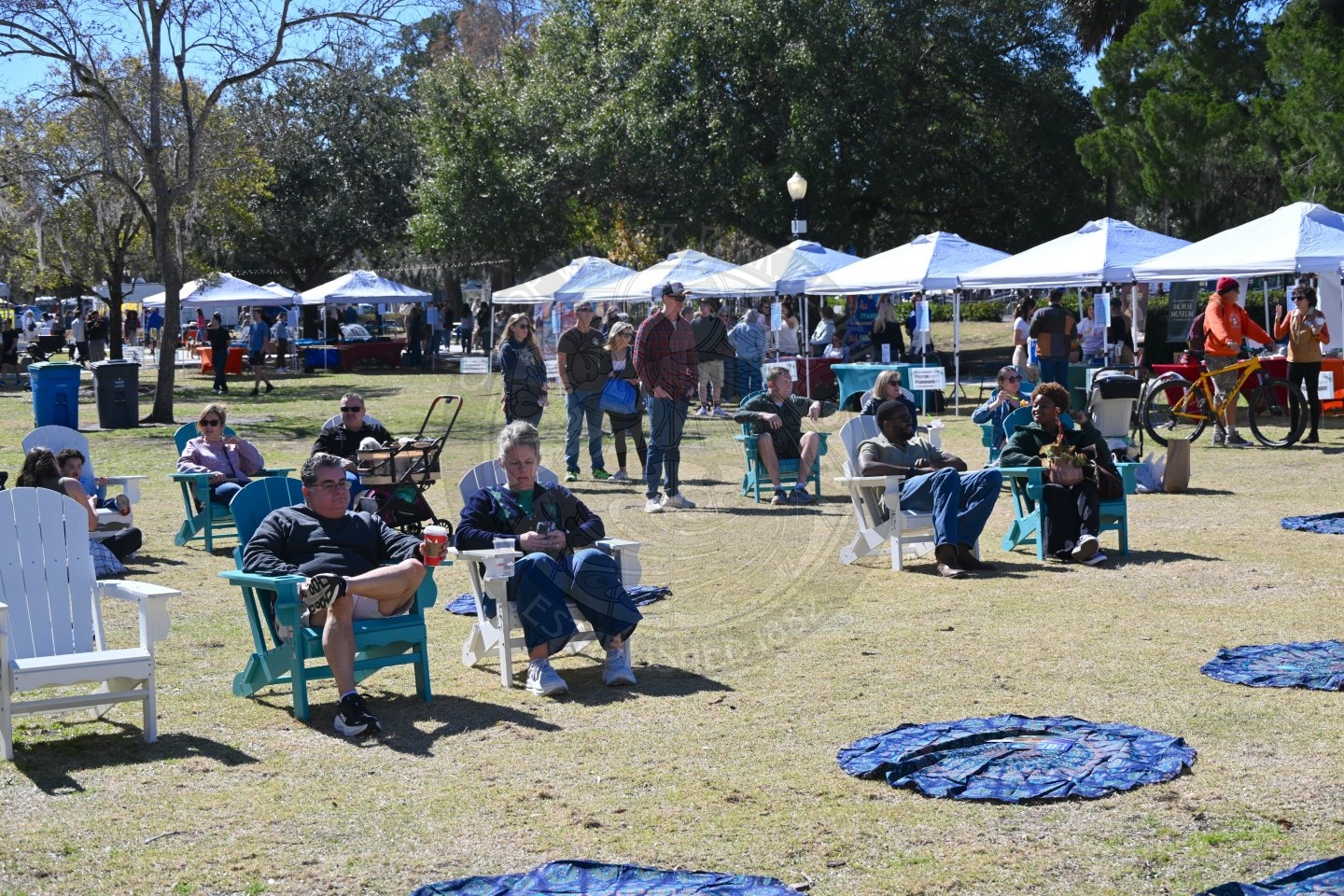 People sit on lawn chairs in a park, watching an event. Others stand nearby. White vendor tents are set up in the background under trees. Its sunny, and the area is spacious with scattered blankets on the grass.