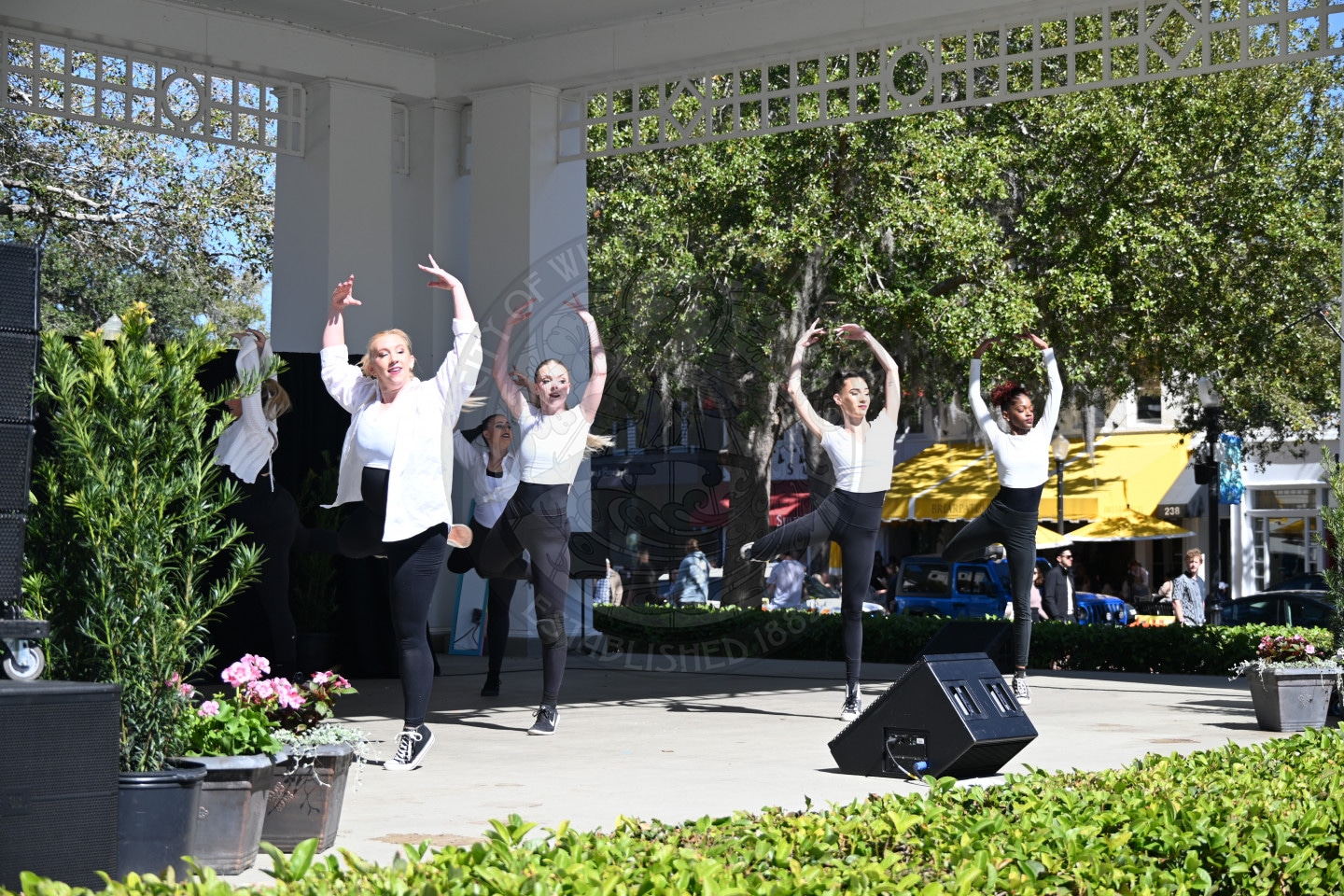 A group of dancers in white shirts and black pants perform on an outdoor stage, with some raising their arms and legs. Trees, plants, and people in the background suggest a lively public event on a sunny day.