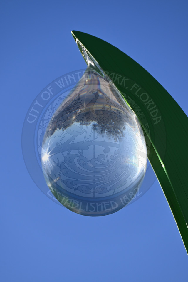 Abstract sculpture mimicing a "dew drop". You can see trees and the sky in the reflection of this dew drop.