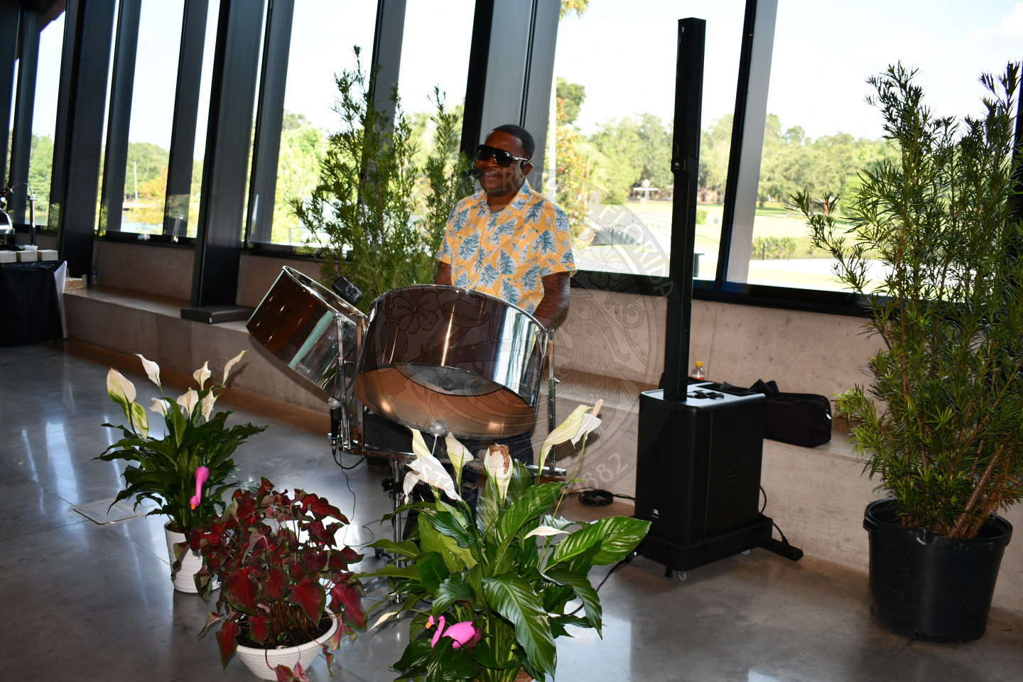 Man playing two steel drums in a ballroom surrounded by plants.