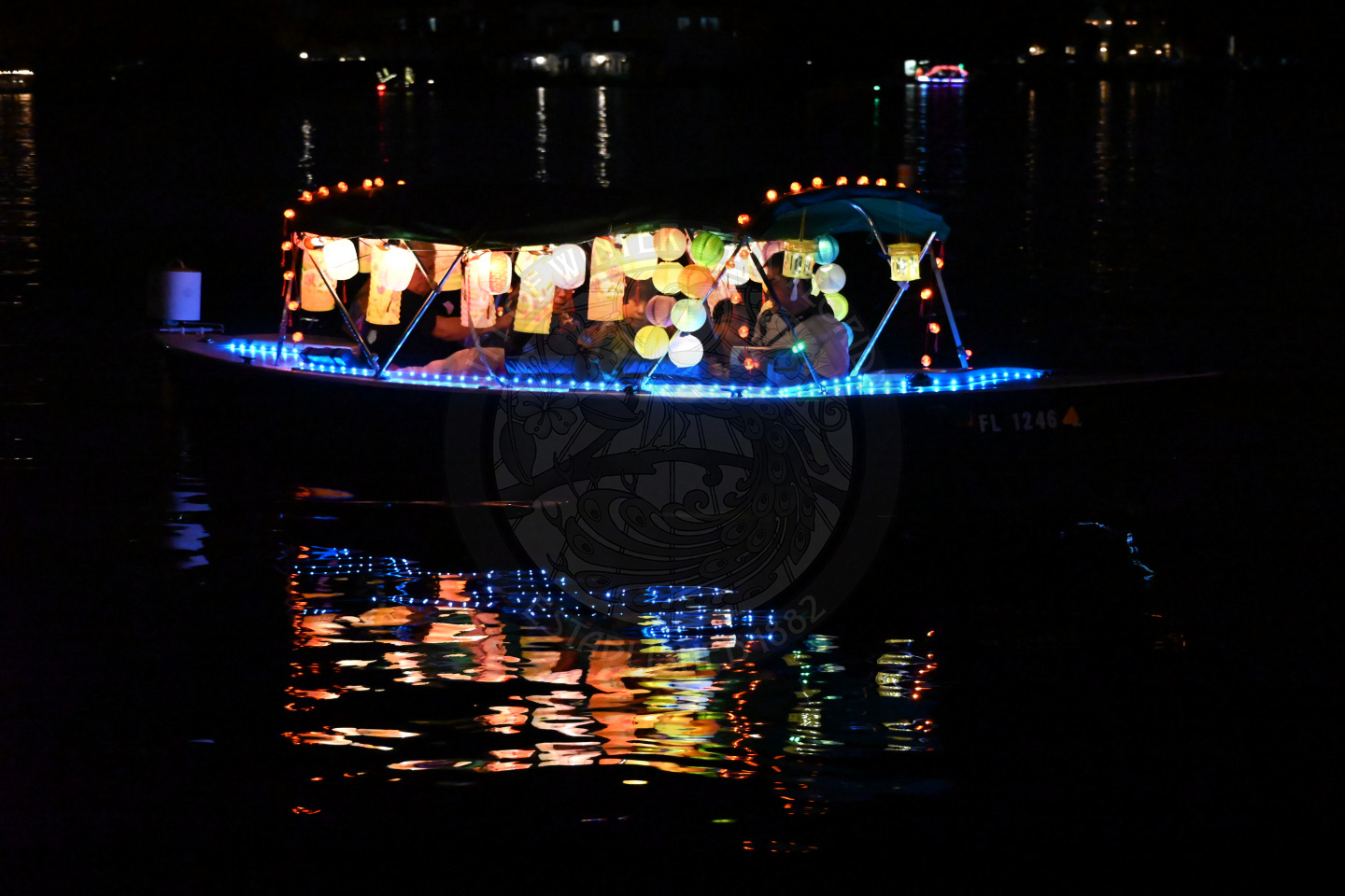 A boat cruising at night, brightly decorated with colorful holiday lights.