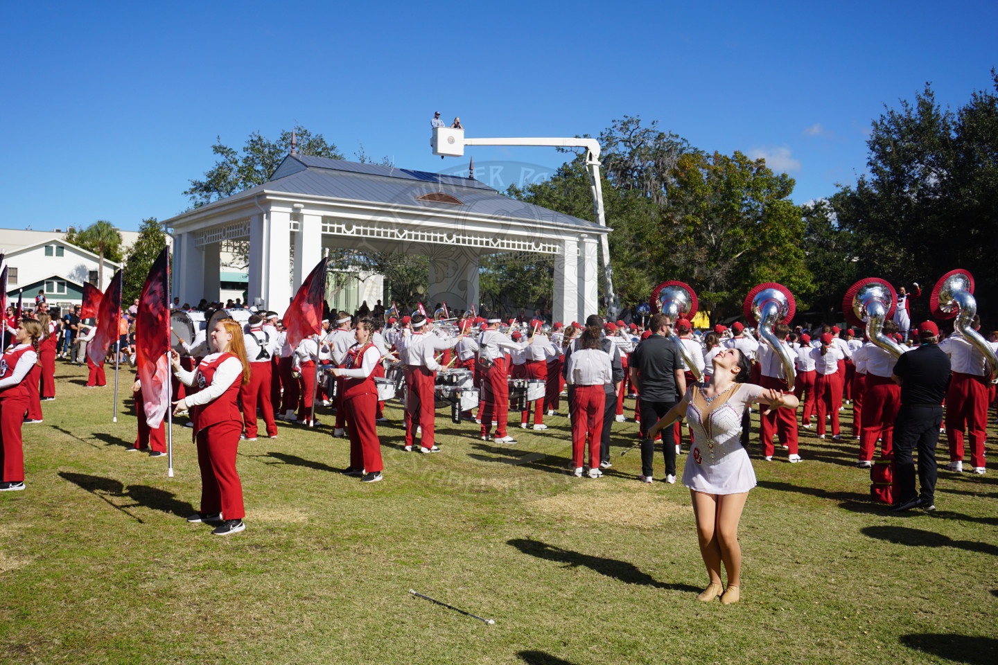 OU colorguard, band and feature twirler performing