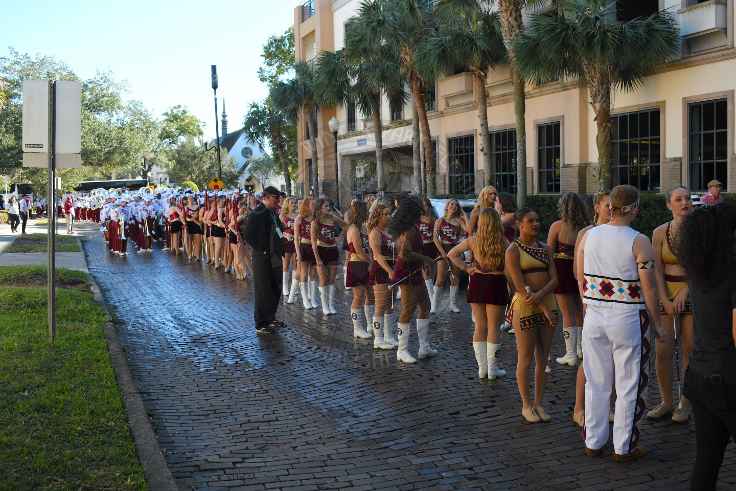 FSU band, cheer, dance, and colorguard lined up preparing to march in the Parade of Bands