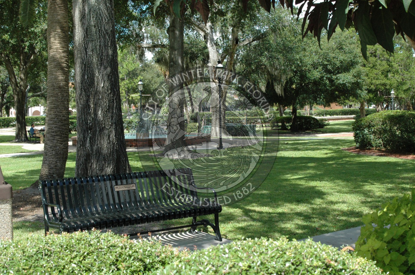 Central Park bench located next to a sidewalk in Winter Park, Florida