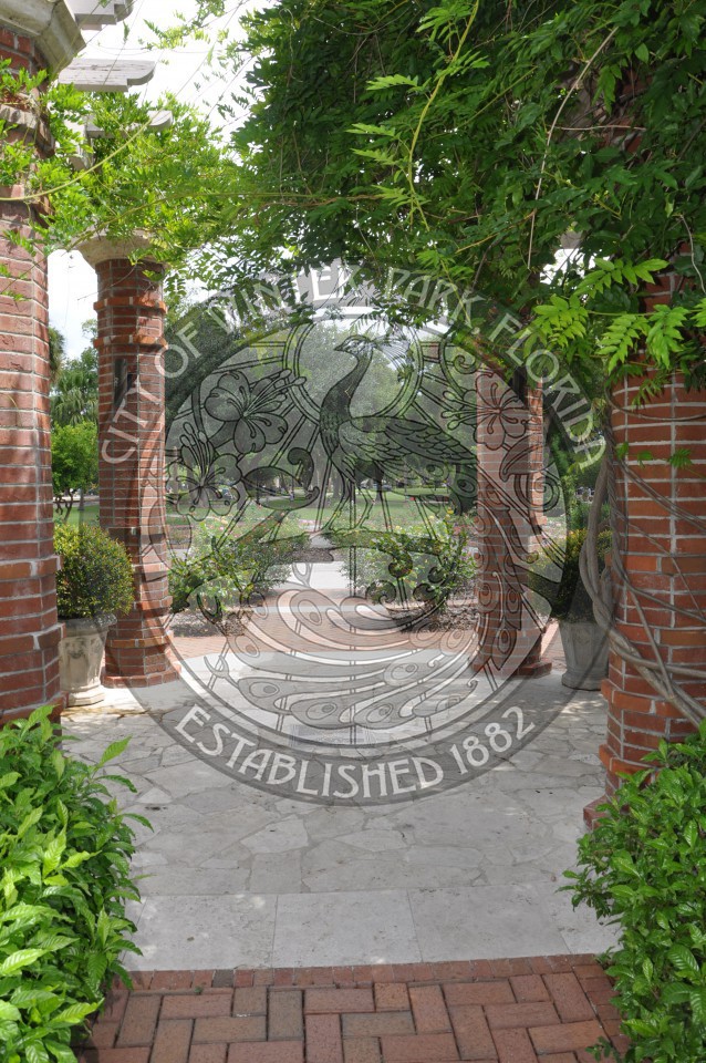 View of the Rose Garden from under the arches along the New England Avenue side