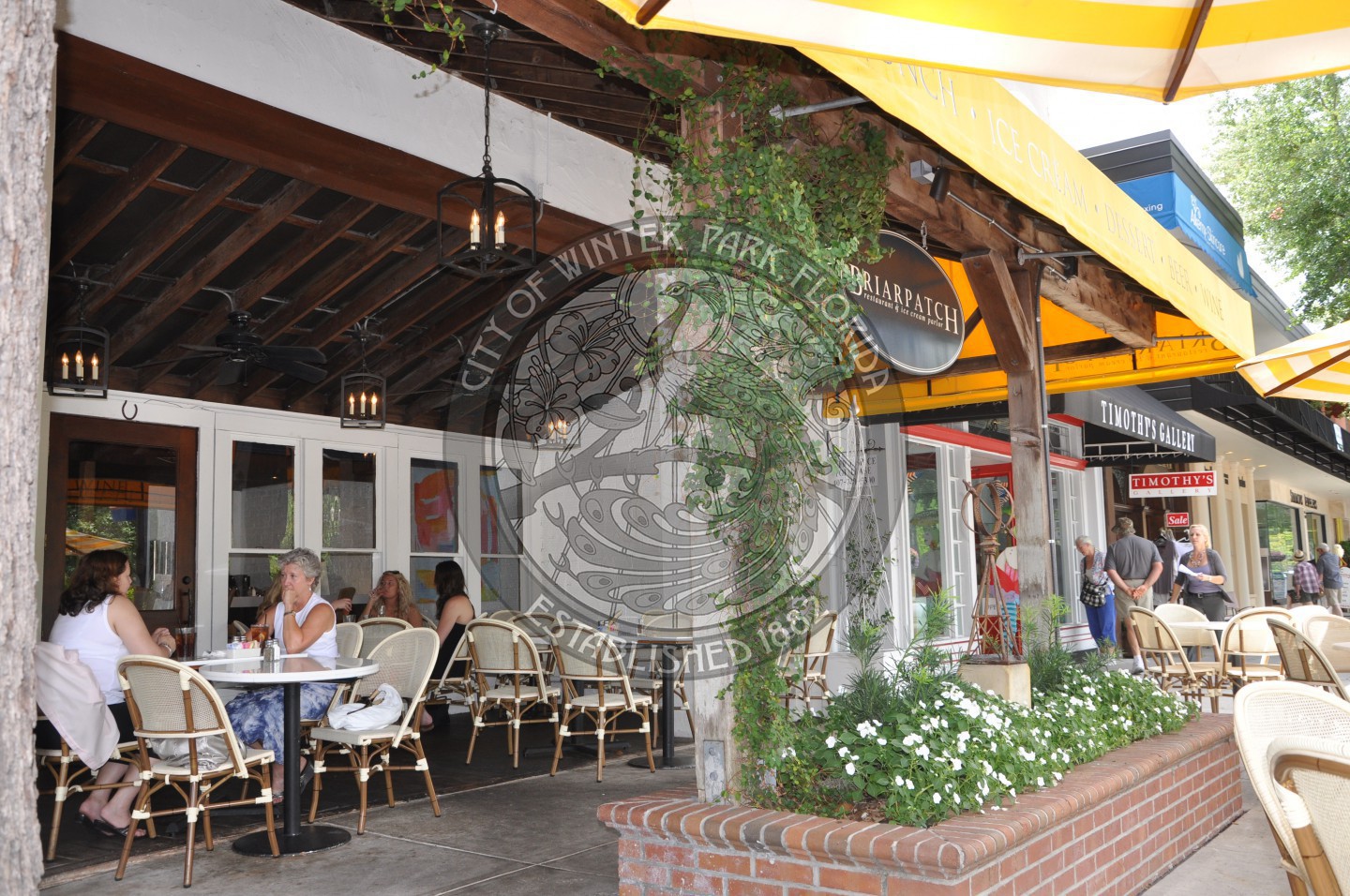 Diners seated outside the Briarpatch Restaurant under yellow umbrellas