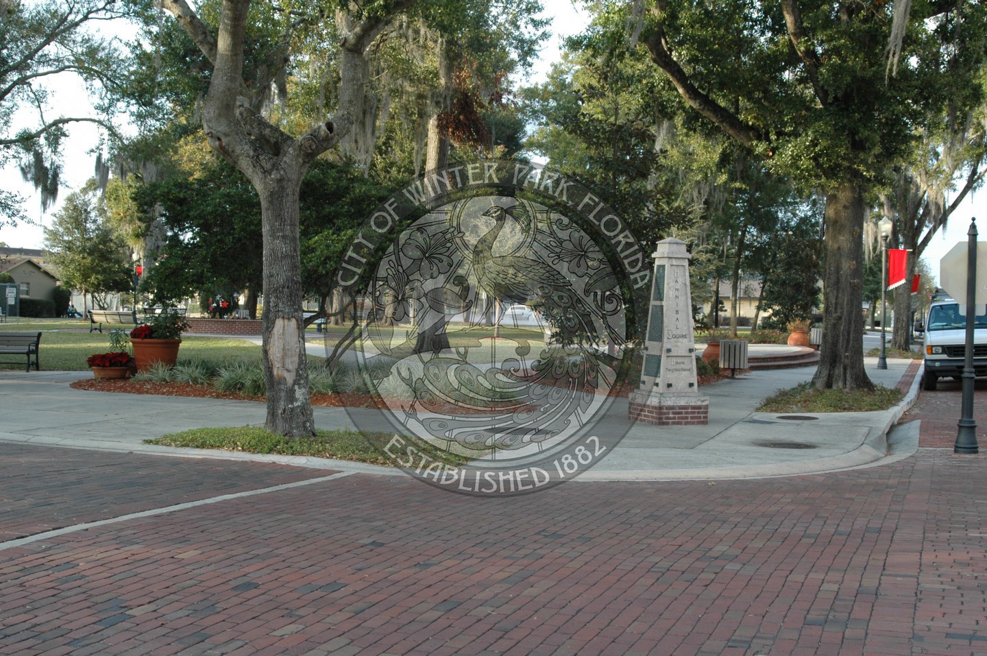 Corner of New England Avenue featuring the stone structure called the Hannibal Square obelisk
