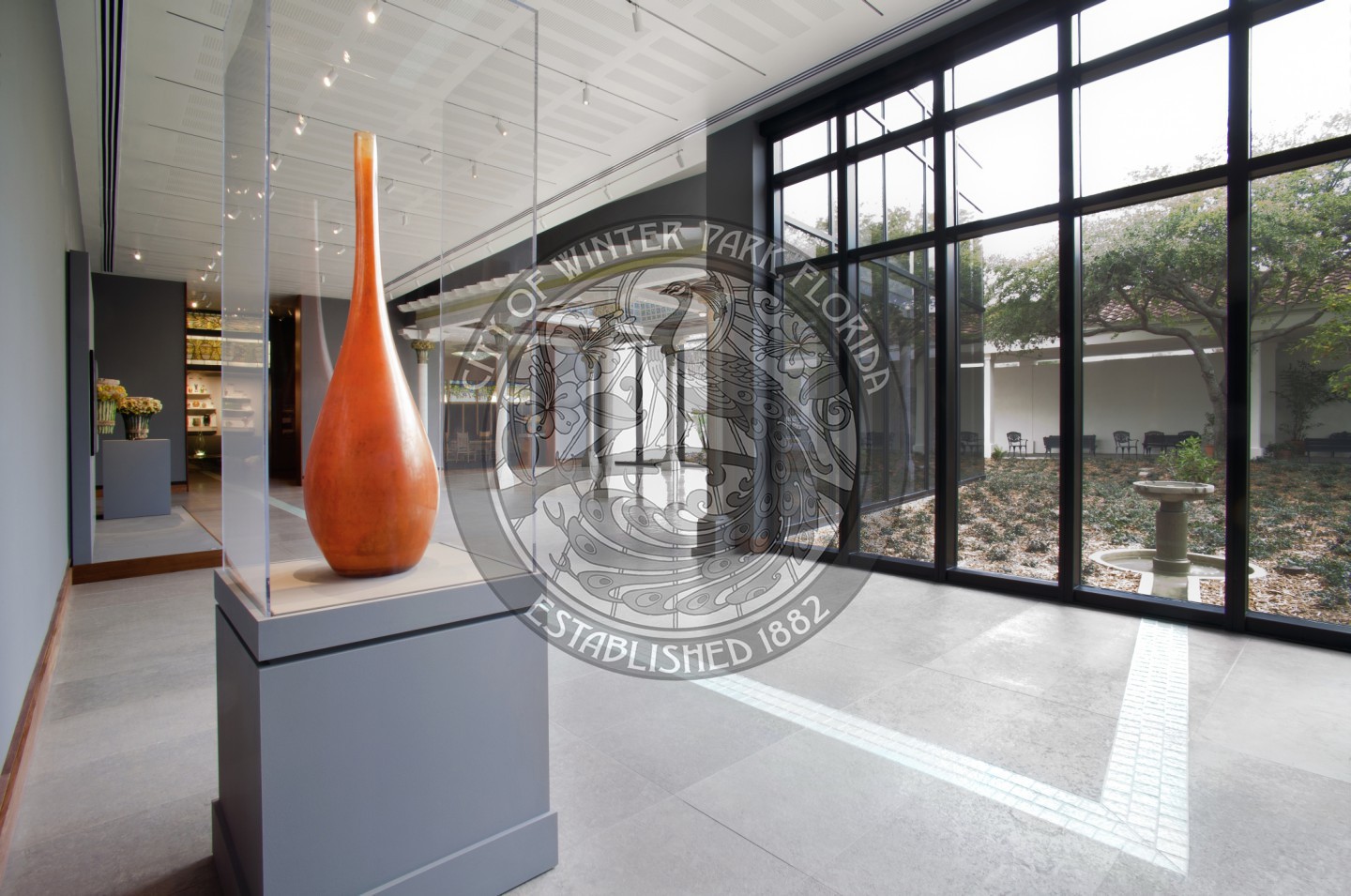 Charles H. Morse Museum Tiffany Wing with beautiful orange sculpture and large windows