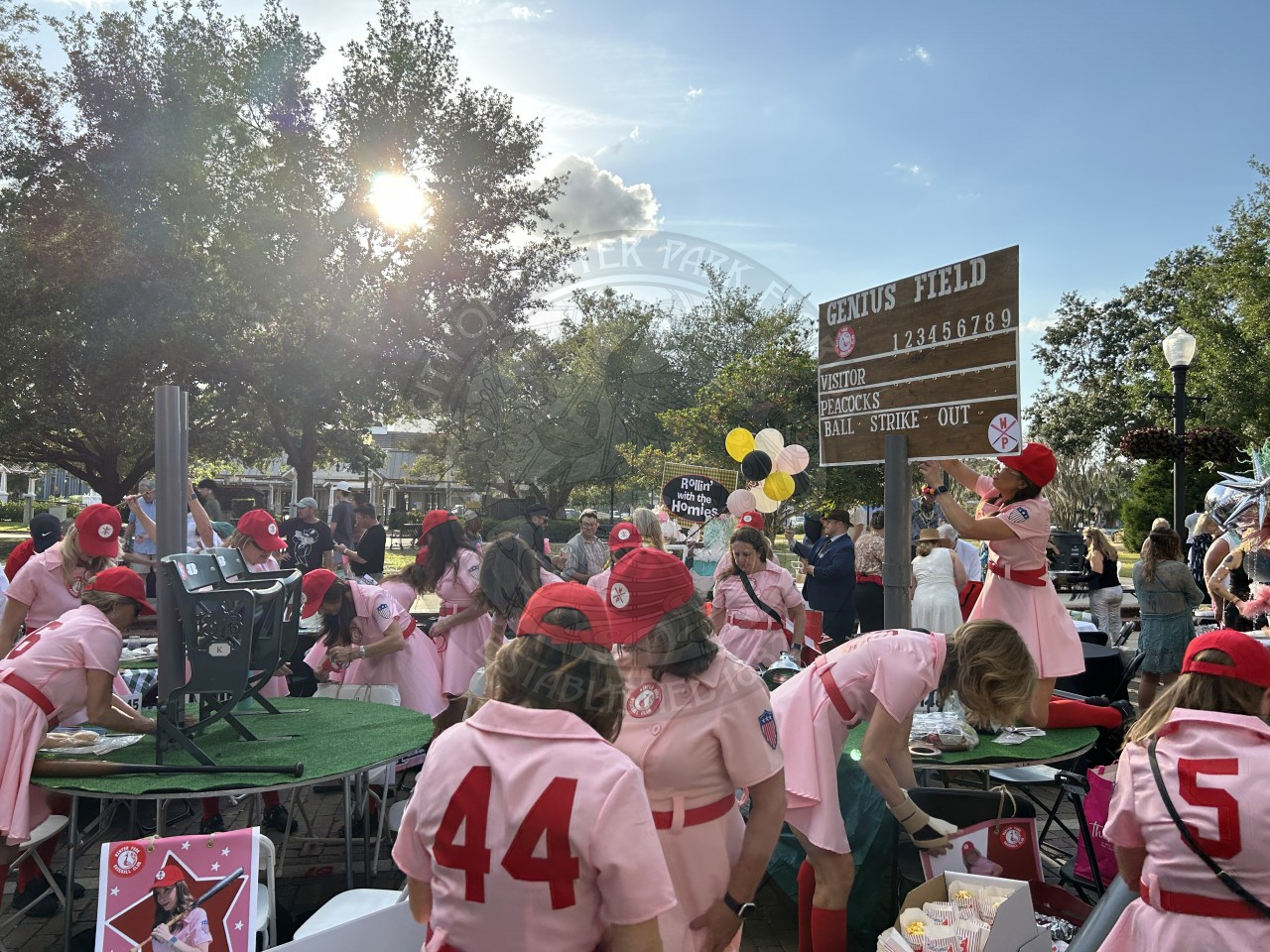 a few tables decorated as a baseball field.