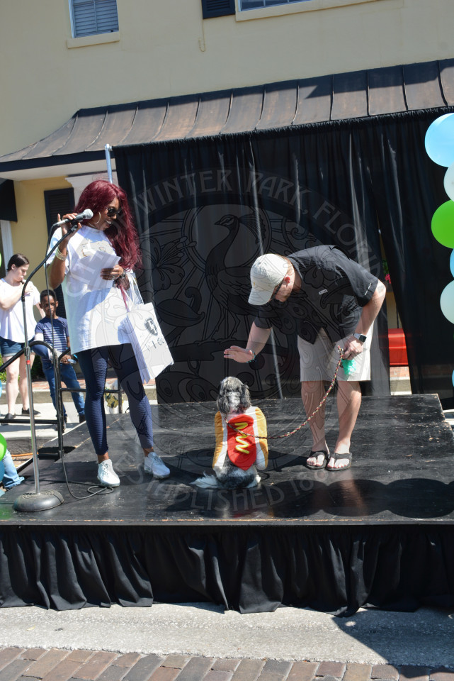 On stage a lady with long hair looks down at a small dog dressed in a hot-dog costume while his male owner gives him a command to sit.