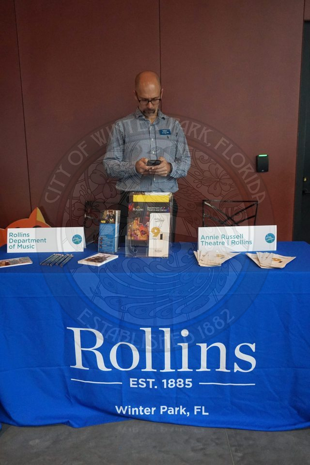 A table that says Rollins on it and has information about Rollins Department of Music and Annie Russell Theatre.