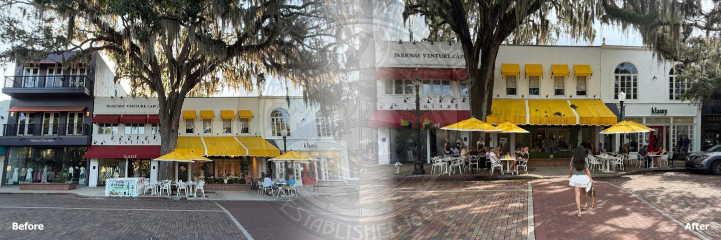 Side-by-side comparison of a streetscape storefront with outdoor seating before and after renovations.
