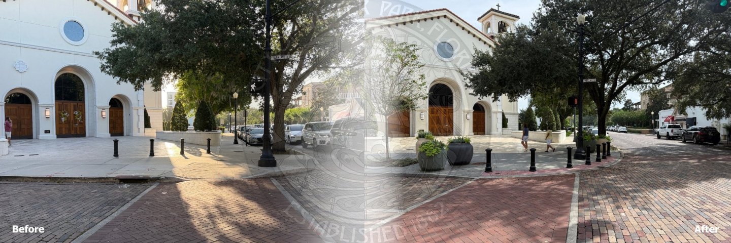 Before and after view of a streetscape in front of a white church building with a brick intersection.