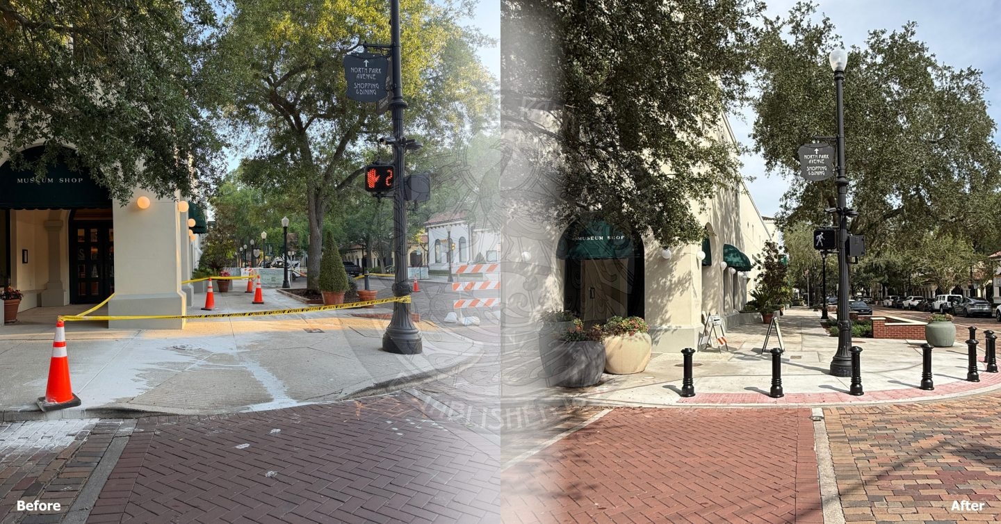 A before-and-after comparison of a street corner showing construction barriers replaced by black bollards.