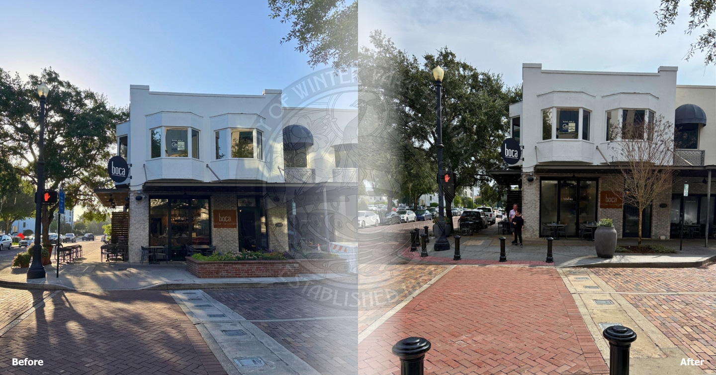 Side-by-side comparison of a restaurant storefront on a brick street before and after minor exterior updates.
