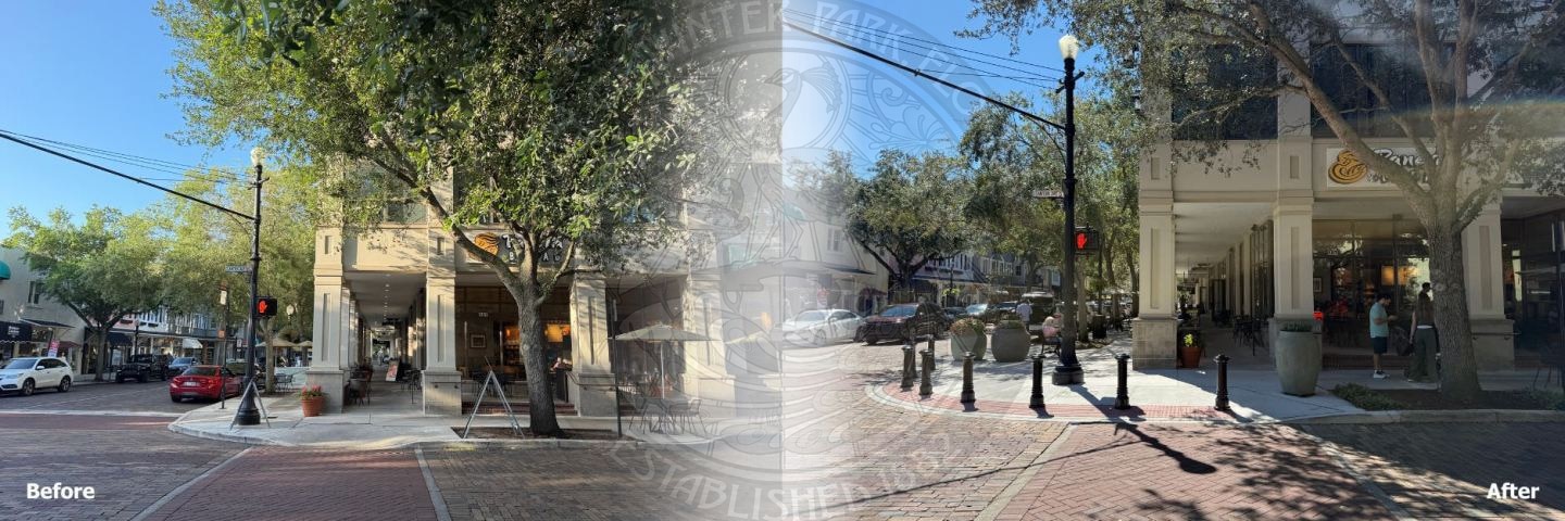 side-by-side comparison of a street corner before and after updates to outdoor seating and streetscape elements.