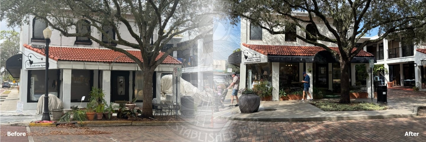 side-by-side comparison of the Brandywine Square storefront, showing exterior updates and improved landscaping.