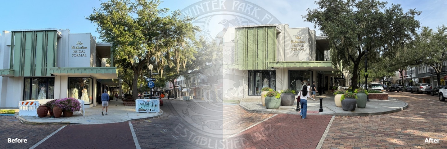 side-by-side comparison of a bridal shop storefront on a brick-paved street in Winter Park, Florida.