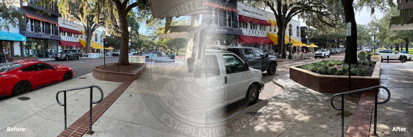 side-by-side comparison of a street scene with shops and parked cars, labeled Before on the left and After on the right.