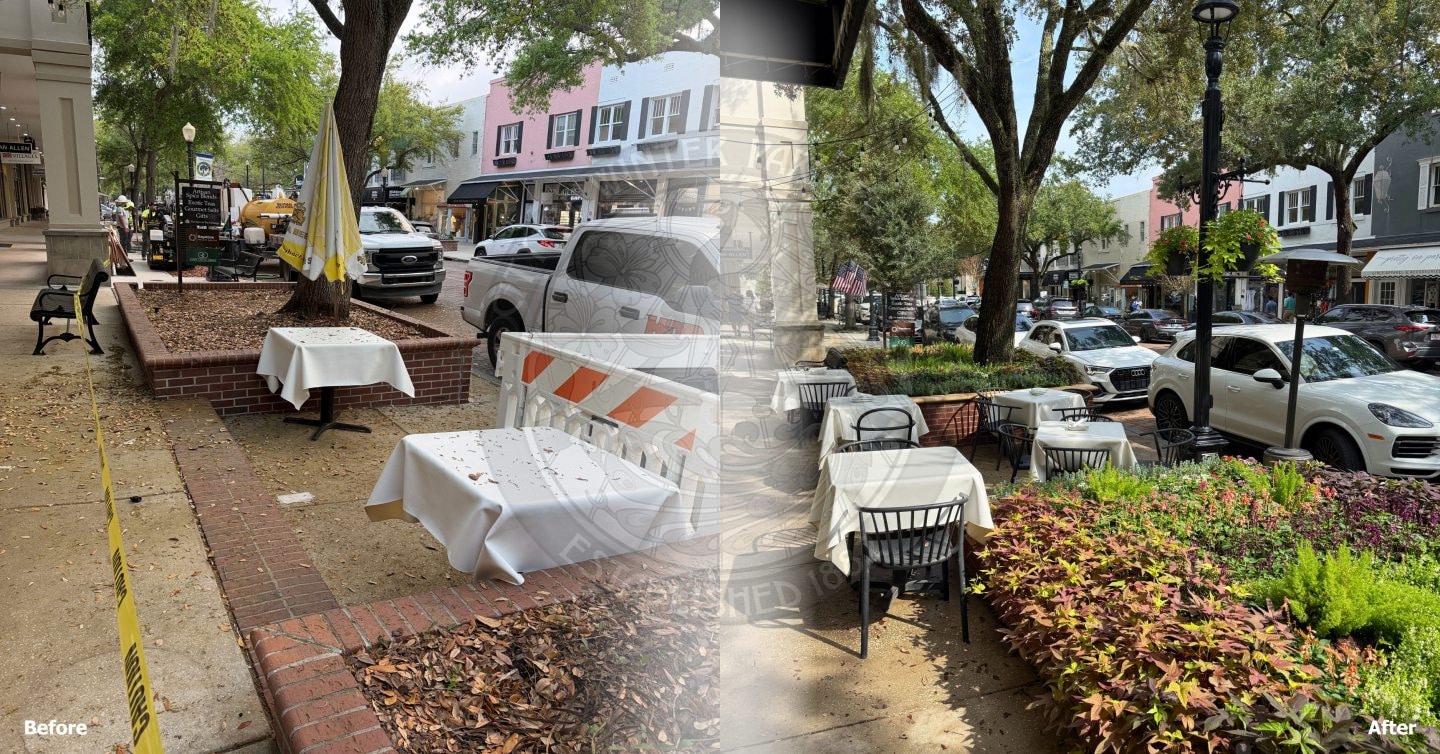 side-by-side comparison of a sidewalk dining area before and after cleanup and landscaping.