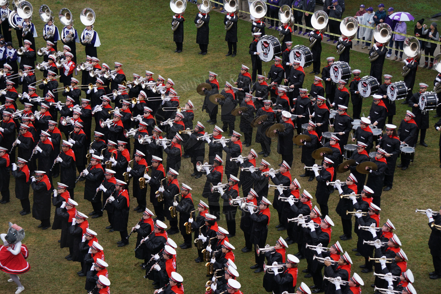 ariel view of North Carolina State band lined up in an arch playing their instruments.