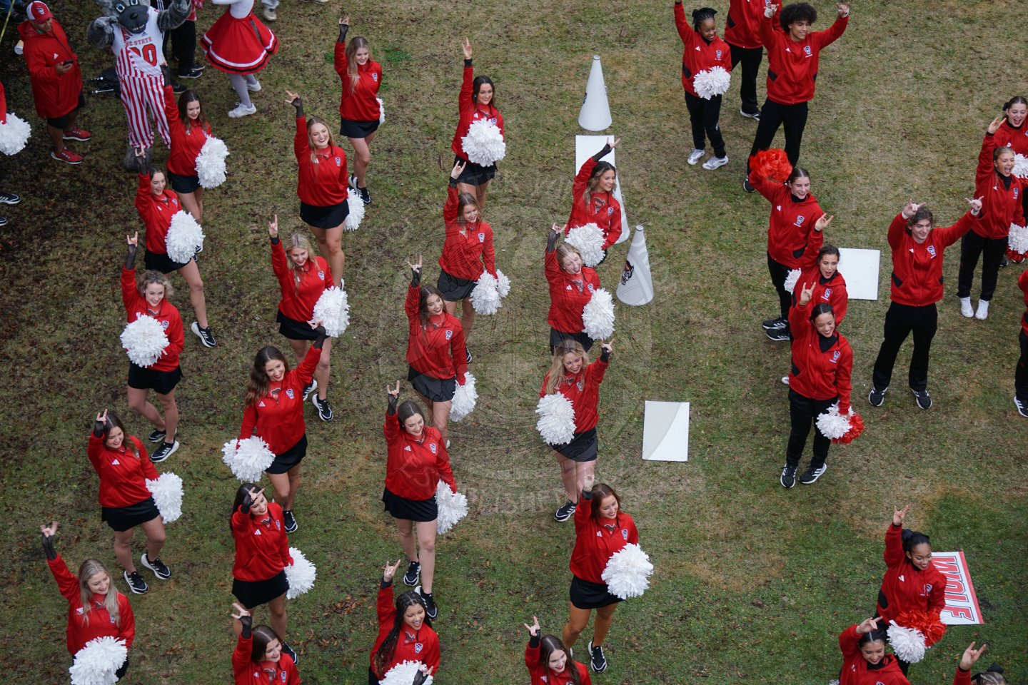 North Carolina State Cheerleader putting up the wolf pack sign.