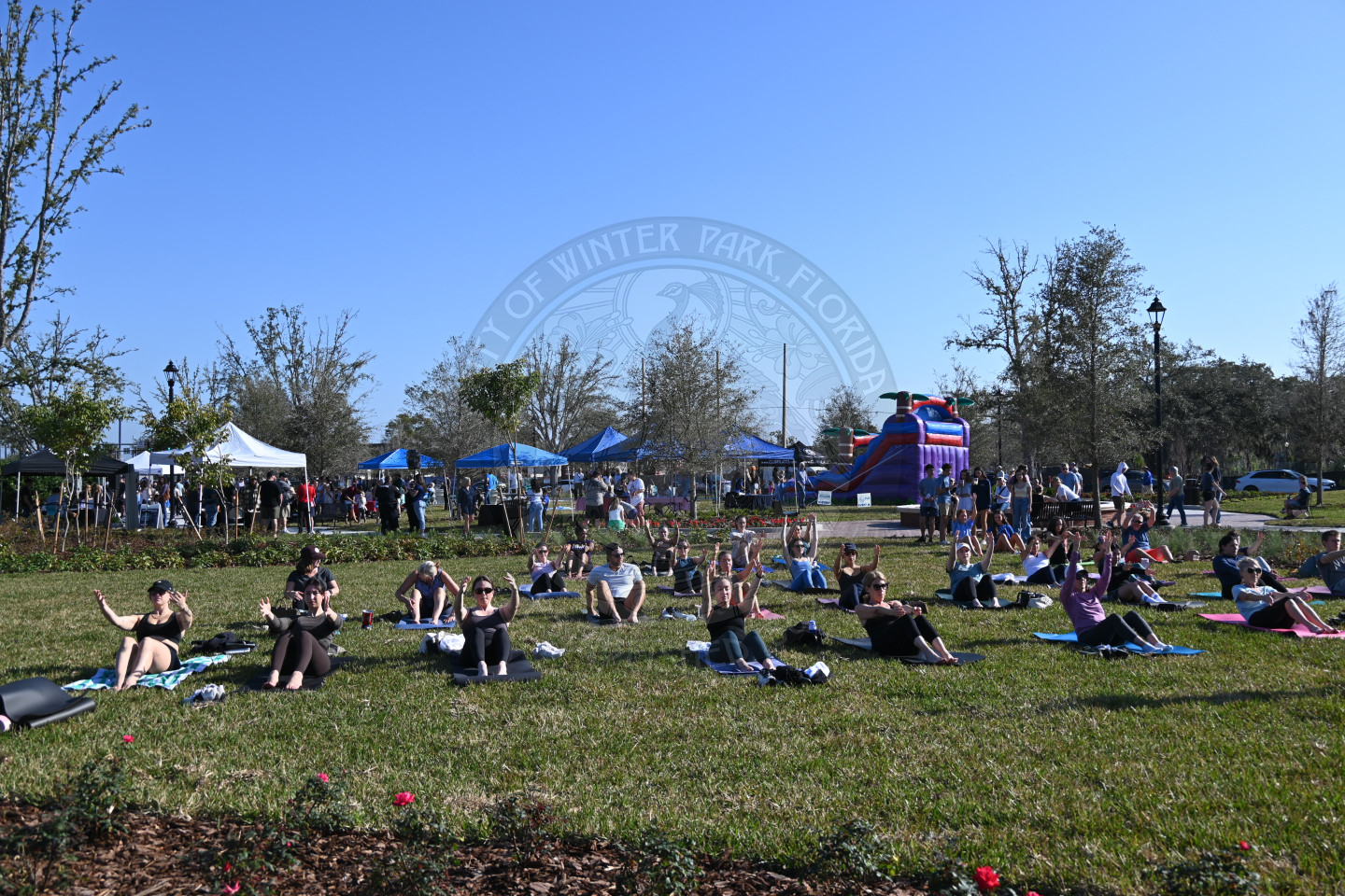 People sitting on yoga mats on the grass doing core exercises.