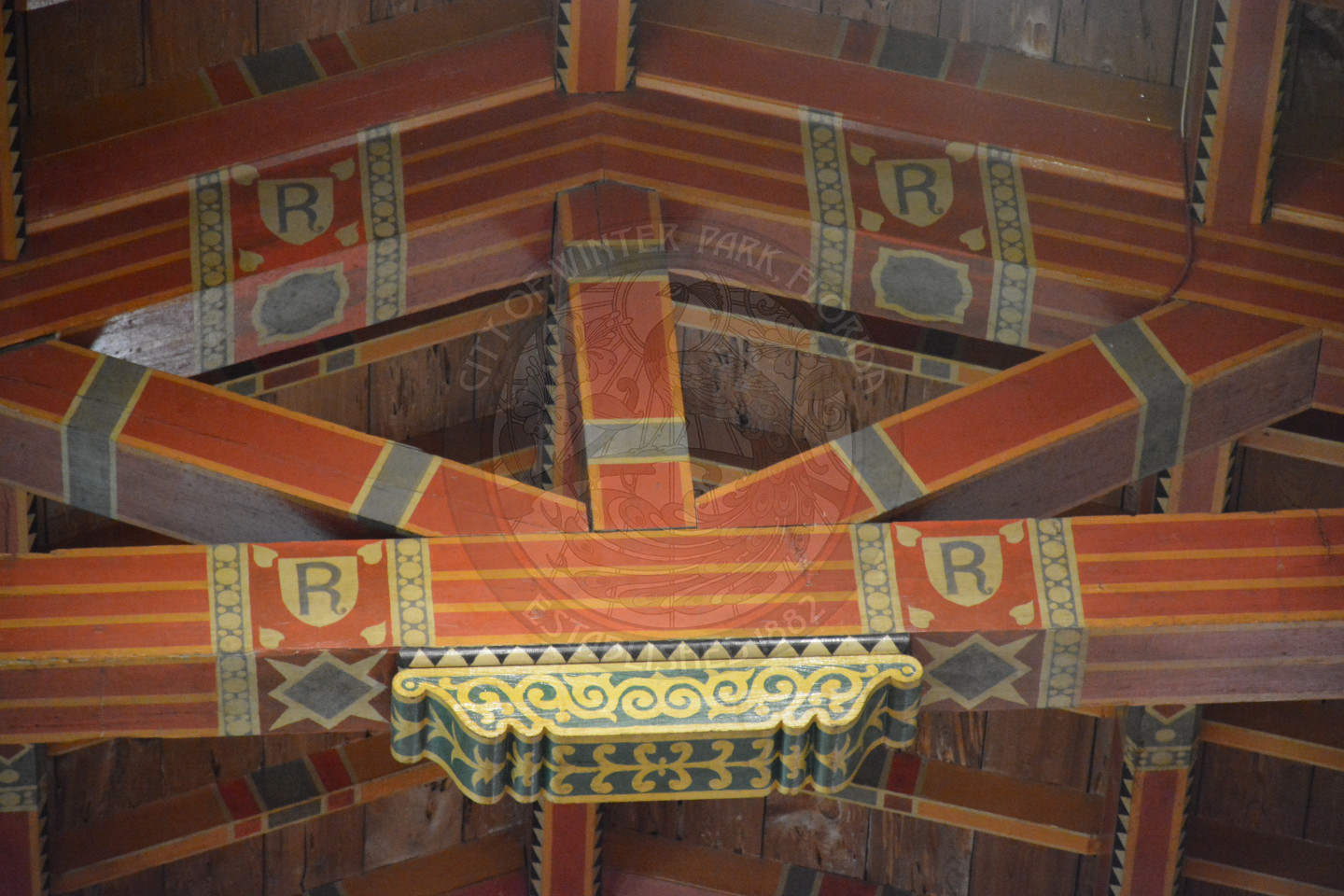 Close up photo of the interior beams inside Knowels Chapel