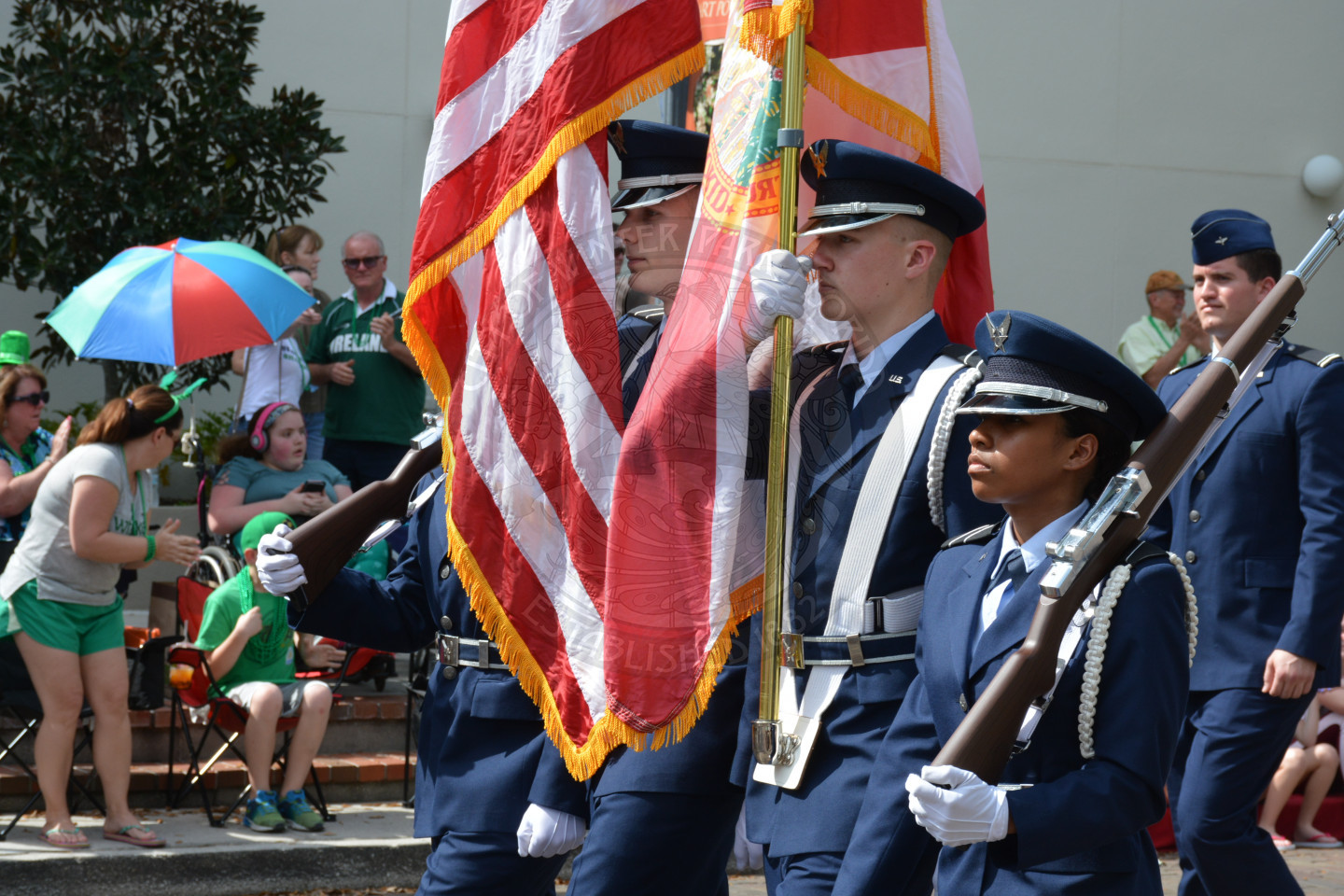 Close up of cadets holding USA flag and State of Florida Flag