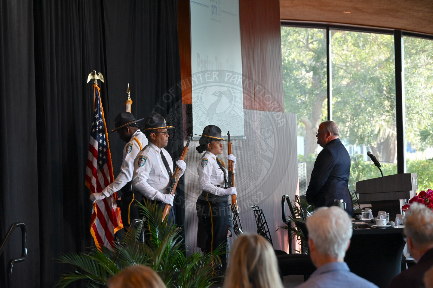 The Honor Guard on stage presenting the colors.