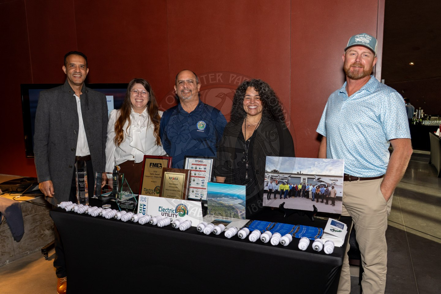 Five people stand behind a table displaying awards, brochures, promotional light bulbs, and photos at an indoor event with a maroon wall background. They are smiling and posing for the camera.